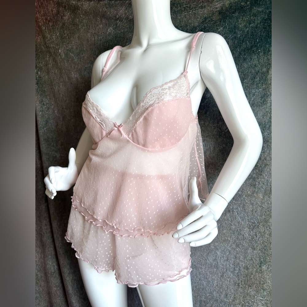 Vintage Sheer Pink Mesh Babydoll Set 3X Coquette Balletcore Lingerie